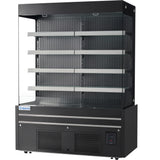 A commercial open-air merchandiser with black exterior, four horizontal shelves, and vented base. The left front corner has a small Empura label. Digital control panel on lower right; shelves and sides are partially enclosed in glass.