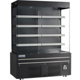 A black Empura refrigeration, open air merchandiser features four adjustable shelves, glass panels on the front and sides, a vented base, and a control panel. The brand name Empura is visible on the lower left. Shelves and interior are empty.