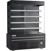 A black Empura refrigeration, open air merchandiser features four adjustable shelves, glass panels on the front and sides, a vented base, and a control panel. The brand name Empura is visible on the lower left. Shelves and interior are empty.