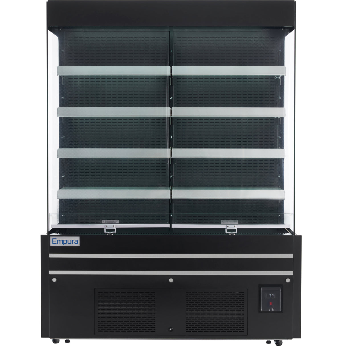 A commercial Empura refrigeration display case with four glass shelves and a front glass panel. This black open air merchandiser features a digital temperature display, vented bottom panel, and the Empura brand name on the top left corner.