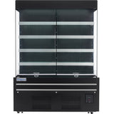 A commercial Empura refrigeration display case with four glass shelves and a front glass panel. This black open air merchandiser features a digital temperature display, vented bottom panel, and the Empura brand name on the top left corner.