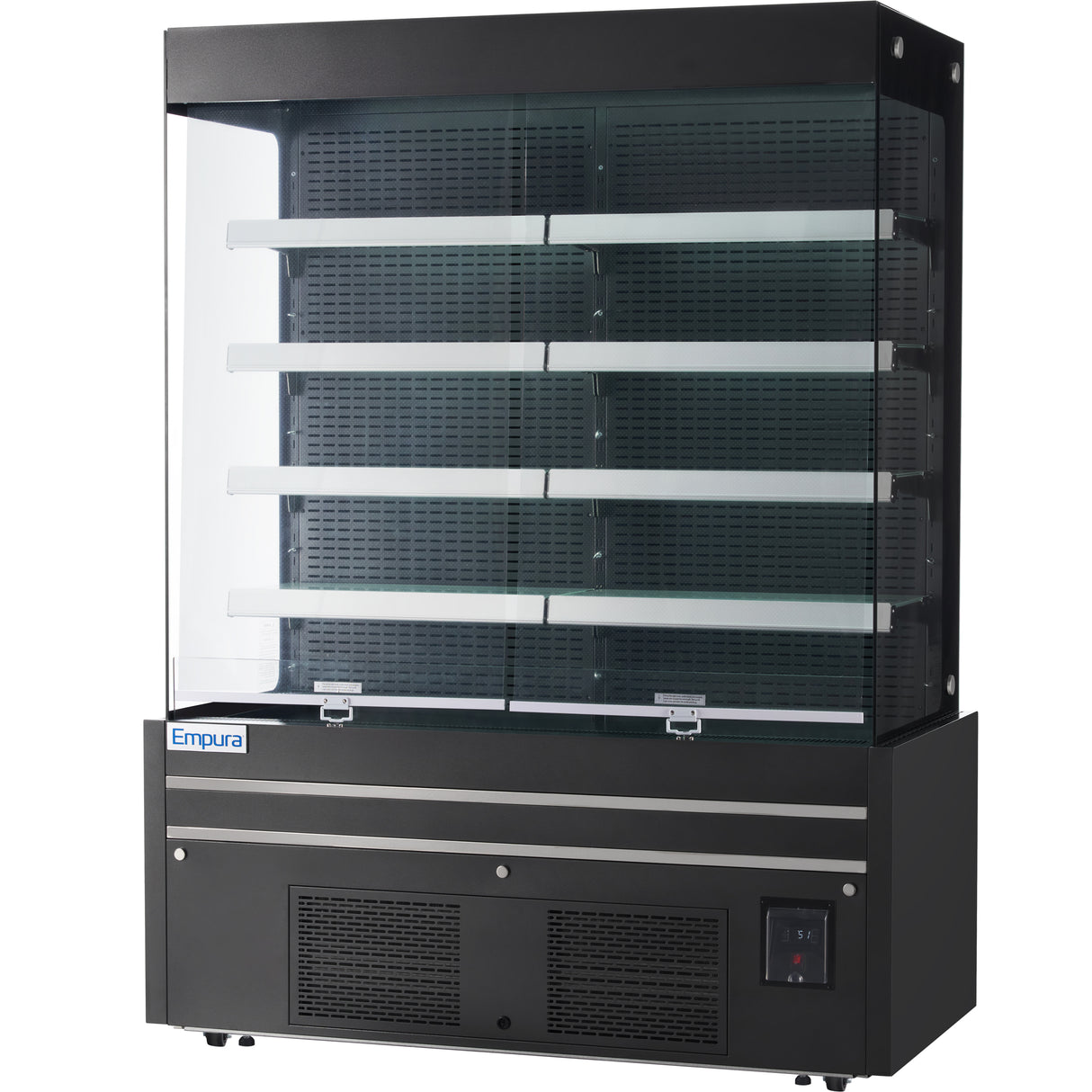 A black Empura refrigeration open air merchandiser with four empty shelves, glass sides and front, and a vented lower section with control panel—ideal for showcasing chilled food or drinks in any commercial setting.