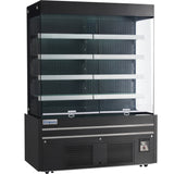 A commercial Empura refrigeration open air merchandiser with four shelves, black exterior, glass front and side panels. The lower section features a ventilation grill, digital control panel, and a prominent “Empura” label on the front.