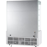 A commercial refrigerated display case, such as an Empura refrigeration unit, is shown from the back. The image reveals a metallic, vented lower panel, a silver back panel with visible screws, electric cord, hose attachment, and smooth sides and top.