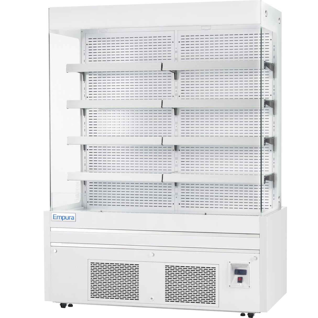 A white Empura refrigeration open air merchandiser with four empty metal shelves, perforated backing, and a lower vented section for cooling stands alone against a plain background. The brand is labeled on the front of this refrigerated display case.