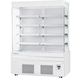 A white Empura refrigeration open air merchandiser with four empty metal shelves, perforated backing, and a lower vented section for cooling stands alone against a plain background. The brand is labeled on the front of this refrigerated display case.