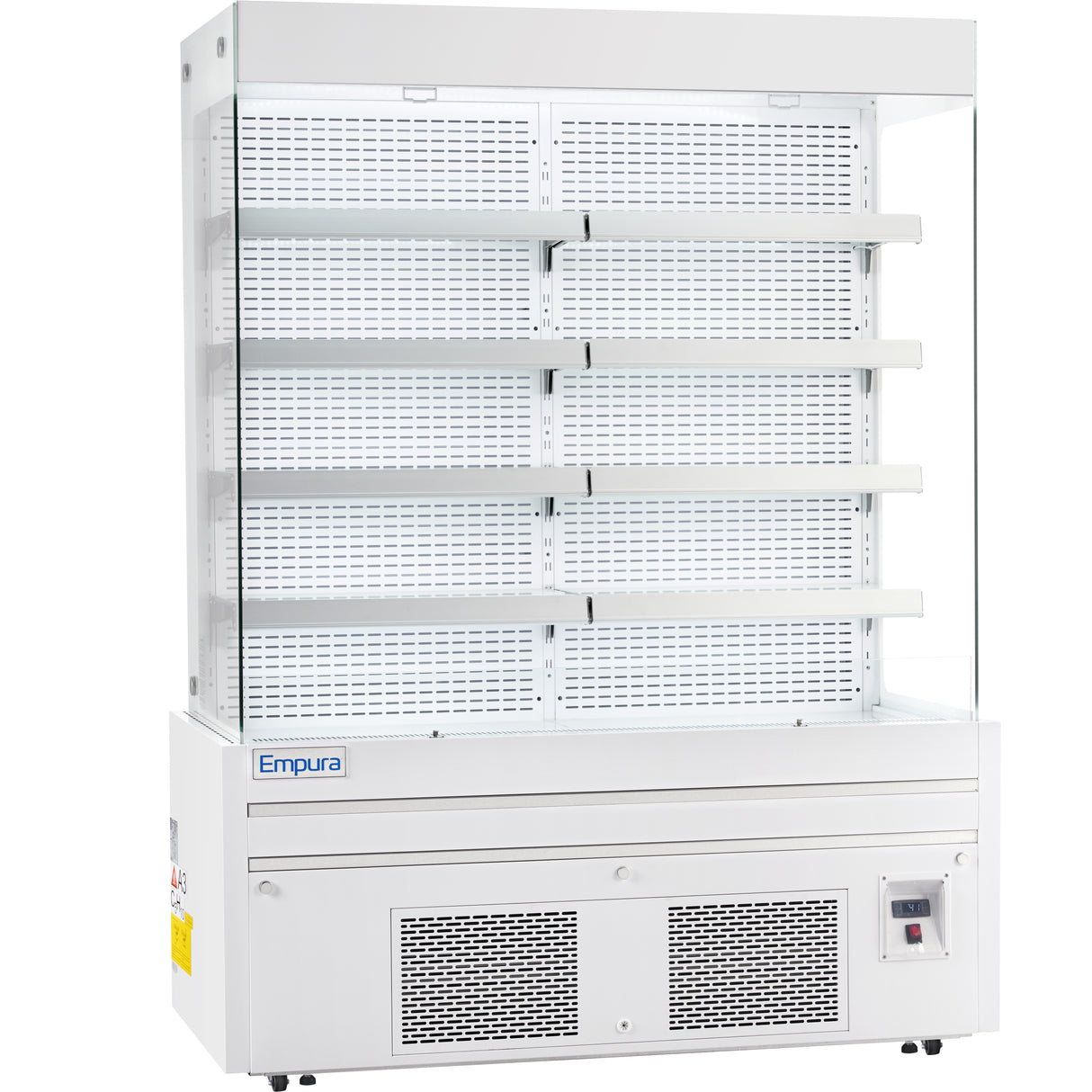 A commercial open-air merchandiser with four adjustable shelves, white exterior, vented lower panel, digital control panel, and glass sides. The Empura refrigeration label is on the front. This refrigerated display case is empty and ideal for showcasing chilled products.