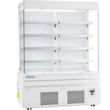 A commercial open-air merchandiser with four adjustable shelves, white exterior, vented lower panel, digital control panel, and glass sides. The Empura refrigeration label is on the front. This refrigerated display case is empty and ideal for showcasing chilled products.
