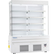 A commercial open-air merchandiser with four adjustable shelves, white exterior, vented lower panel, digital control panel, and glass sides. The Empura refrigeration label is on the front. This refrigerated display case is empty and ideal for showcasing chilled products.