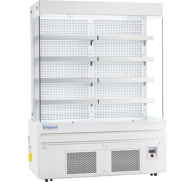A commercial open-air merchandiser with four adjustable shelves, white exterior, vented lower panel, digital control panel, and glass sides. The Empura refrigeration label is on the front. This refrigerated display case is empty and ideal for showcasing chilled products.