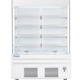 A commercial open air merchandiser with five empty white shelves, glass side panels, and a vented base. The front panel displays the Empura refrigeration brand and features a digital control panel and switch on the lower right.