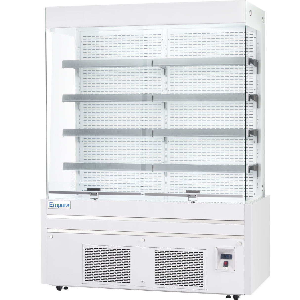 A commercial Empura refrigeration display case with five metal shelves, perforated back panel, and glass sides and front. The bottom section features vents and a control panel with switch. The Empura refrigerated display case logo is labeled on the front.
