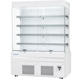A commercial Empura refrigeration display case with five metal shelves, perforated back panel, and glass sides and front. The bottom section features vents and a control panel with switch. The Empura refrigerated display case logo is labeled on the front.