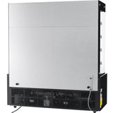 A large commercial ice machine with a metallic front panel, black vented lower section, and visible cooling components. Similar to a commercial refrigerator, it features clear panels with stacked ice trays and a small hose connection on the right side.