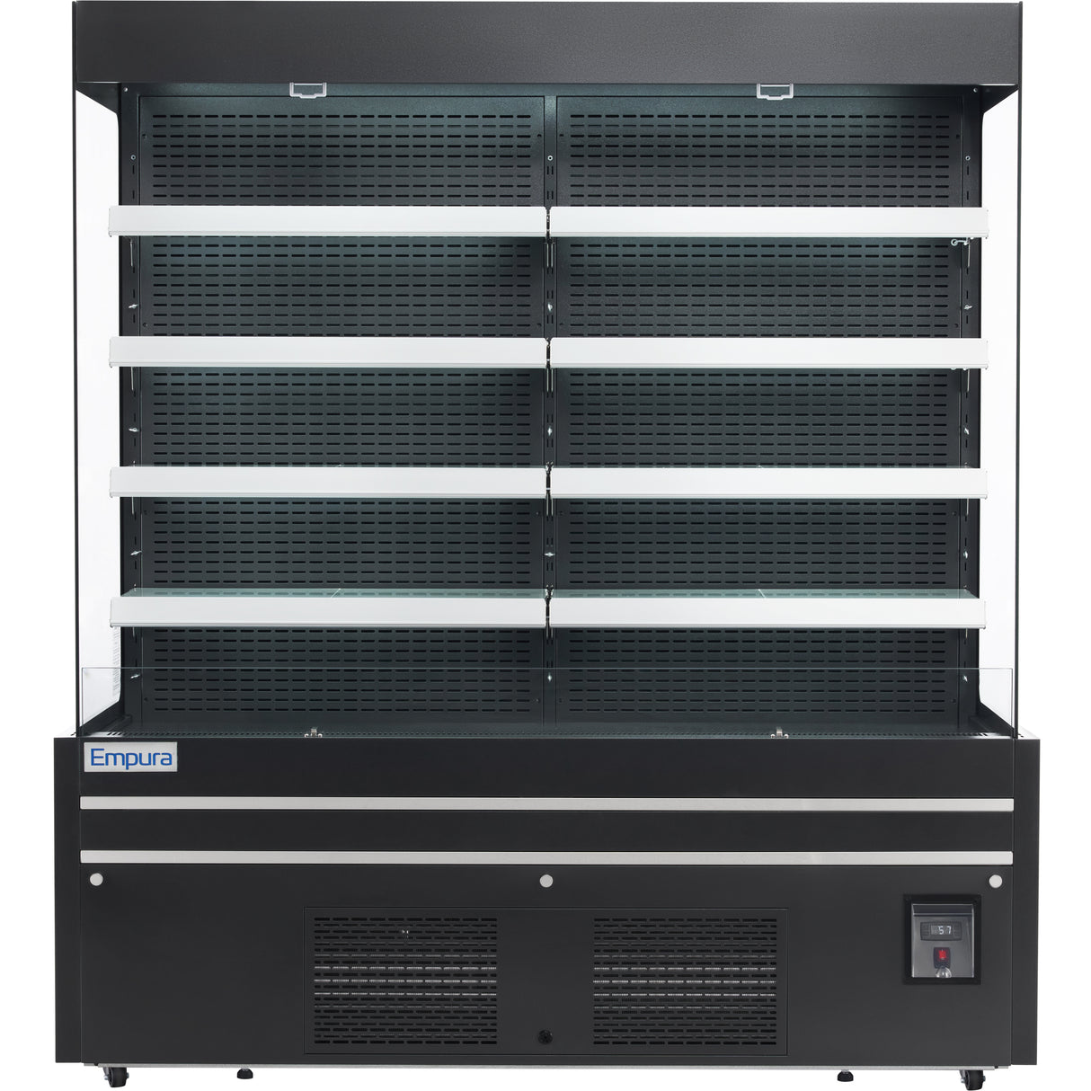 A black Empura commercial refrigerator with LED lighting, featuring four empty white shelves, a digital temperature display, vent openings below, and a perforated back panel for ventilation.