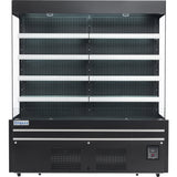 A black Empura commercial refrigerator with LED lighting, featuring four empty white shelves, a digital temperature display, vent openings below, and a perforated back panel for ventilation.