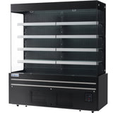 A large, black open air merchandiser with four horizontal shelves, glass sides, and a vent at the bottom. This commercial refrigerator by Empura features LED lighting and a digital temperature display in the lower right corner.