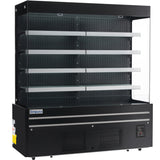 A large, empty black open air merchandiser with four horizontal shelves, LED lighting, a vented lower section, and a digital control panel. The front is open, and the Empura brand name appears on the lower left. Perforated back panel and shelves complete the look.