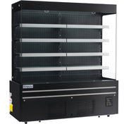 A large, empty black open air merchandiser with four horizontal shelves, LED lighting, a vented lower section, and a digital control panel. The front is open, and the Empura brand name appears on the lower left. Perforated back panel and shelves complete the look.