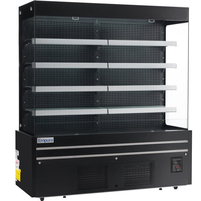 A large, empty black open air merchandiser with four horizontal shelves, LED lighting, a vented lower section, and a digital control panel. The front is open, and the Empura brand name appears on the lower left. Perforated back panel and shelves complete the look.