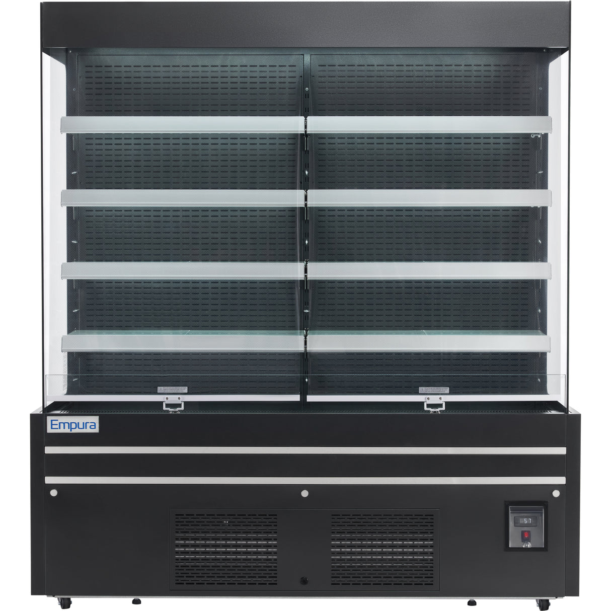 A black open-air merchandiser refrigerated display case with LED lighting, five glass shelves, and a digital control panel at the bottom right. The Empura unit features a vented grill and clear glass sides for optimal product visibility.
