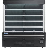 A black open-air merchandiser refrigerated display case with LED lighting, five glass shelves, and a digital control panel at the bottom right. The Empura unit features a vented grill and clear glass sides for optimal product visibility.