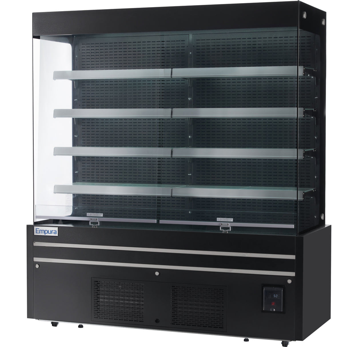 A commercial refrigerator with a glass front and sides, four adjustable glass shelves, LED lighting, a sleek black exterior, and a bottom vent. The Empura brand is labeled at the bottom left with a digital temperature control panel on the lower right.