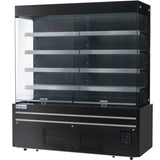 A commercial refrigerator with a glass front and sides, four adjustable glass shelves, LED lighting, a sleek black exterior, and a bottom vent. The Empura brand is labeled at the bottom left with a digital temperature control panel on the lower right.