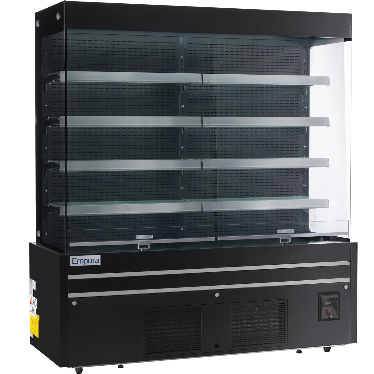 A large, black open air merchandiser with five empty horizontal shelves, clear glass front and sides, LED lighting, and ventilation openings at the bottom. The Empura brand name appears on the front left panel. The unit is clean and unused.