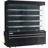 A large, black open air merchandiser with five empty horizontal shelves, clear glass front and sides, LED lighting, and ventilation openings at the bottom. The Empura brand name appears on the front left panel. The unit is clean and unused.