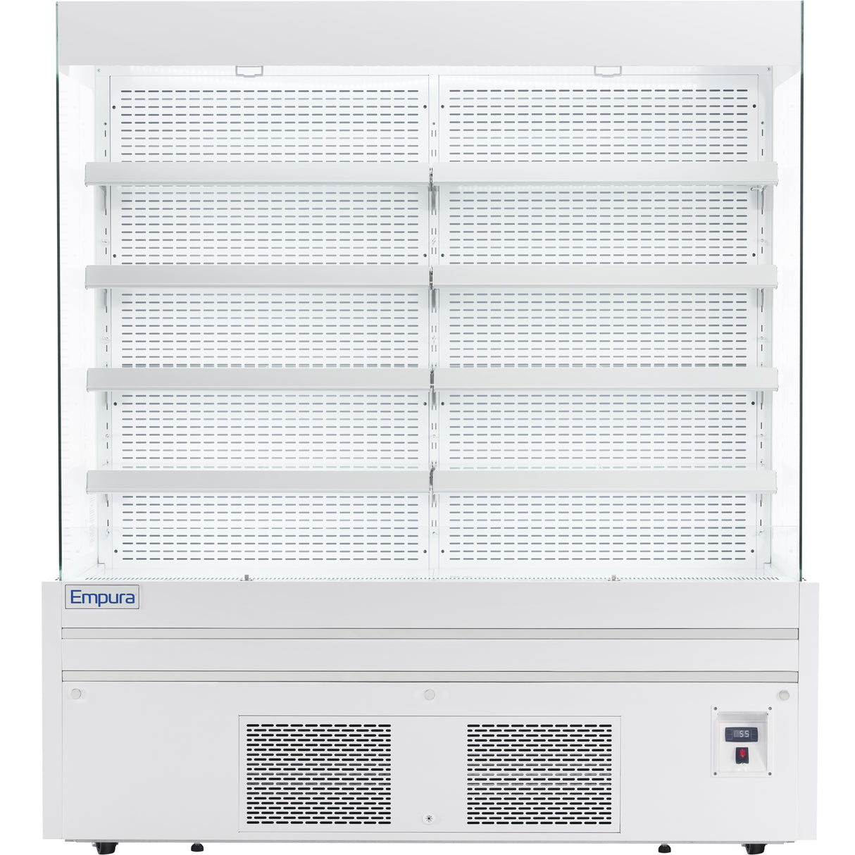 A large, white Empura refrigeration open air merchandiser with multiple empty shelves, a vented lower front panel, and a small digital control panel on the bottom right. The brand name Empura appears on the bottom left.