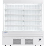 A large, white Empura refrigeration open air merchandiser with multiple empty shelves, a vented lower front panel, and a small digital control panel on the bottom right. The brand name Empura appears on the bottom left.