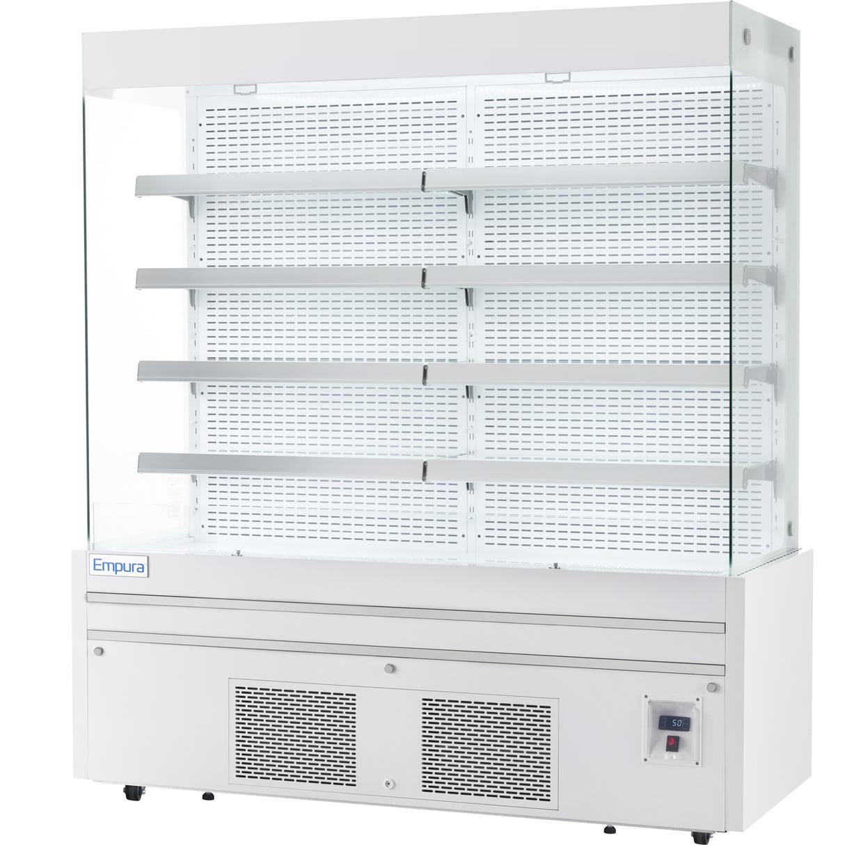 The Empura Refrigeration open air merchandiser features four perforated metal shelves, glass sides, and a temperature control panel at the bottom right. Its clean, modern refrigerated display case design includes a vented lower section for efficient cooling.