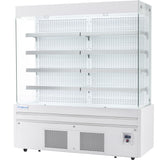 The Empura Refrigeration open air merchandiser features four perforated metal shelves, glass sides, and a temperature control panel at the bottom right. Its clean, modern refrigerated display case design includes a vented lower section for efficient cooling.