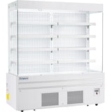 A large, white Empura Refrigeration open air merchandiser with five adjustable shelves, glass sides and front, ventilation grilles at the bottom, and a control panel on the lower right. The interior shelves are empty.