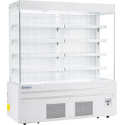 A large, white Empura Refrigeration open air merchandiser with five adjustable shelves, glass sides and front, ventilation grilles at the bottom, and a control panel on the lower right. The interior shelves are empty.