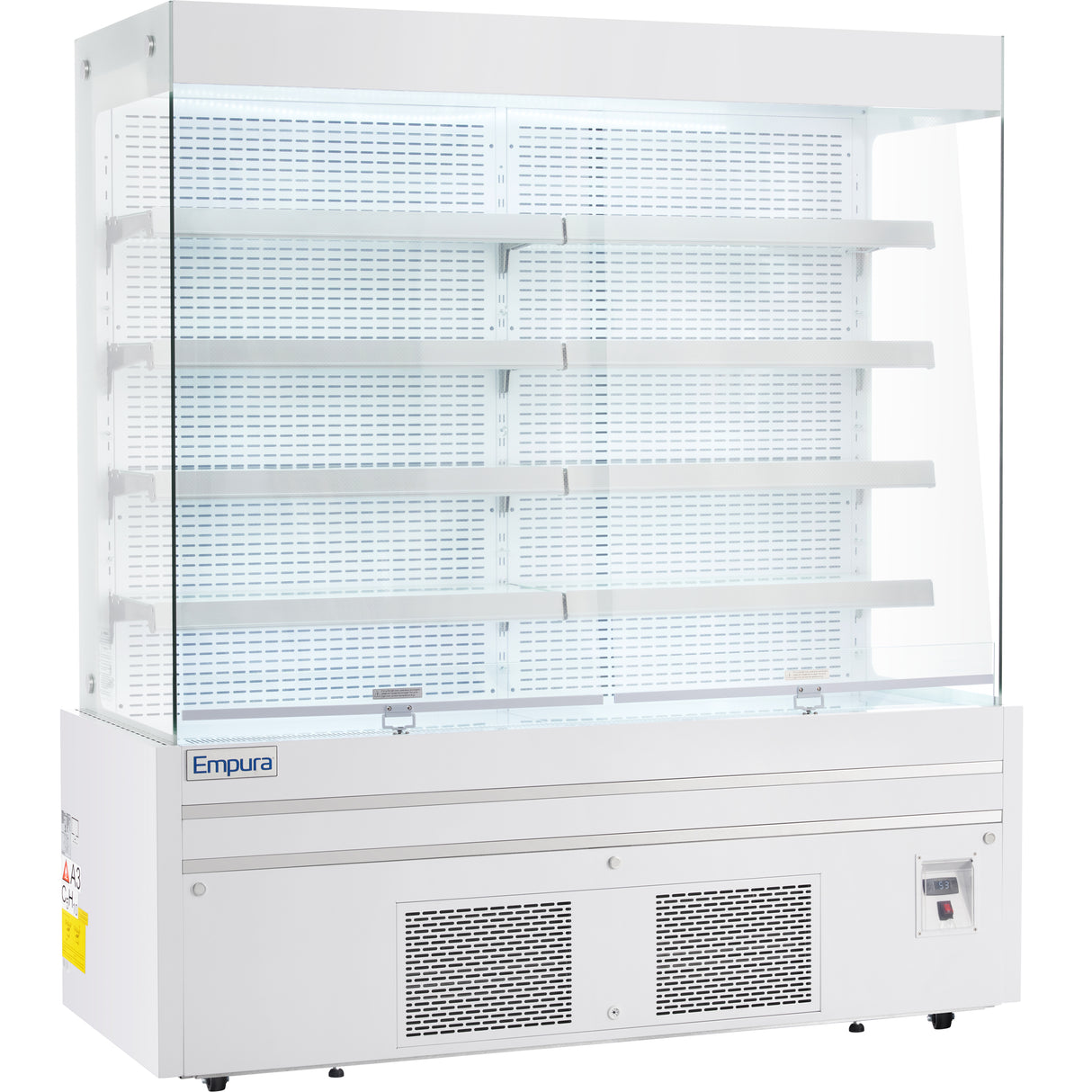 A large, white Empura Refrigeration open air merchandiser features five ventilated shelves, a glass front, digital control panel, and bottom vents. The refrigerated display case is empty, brightly lit, and branded Empura on the lower left side.