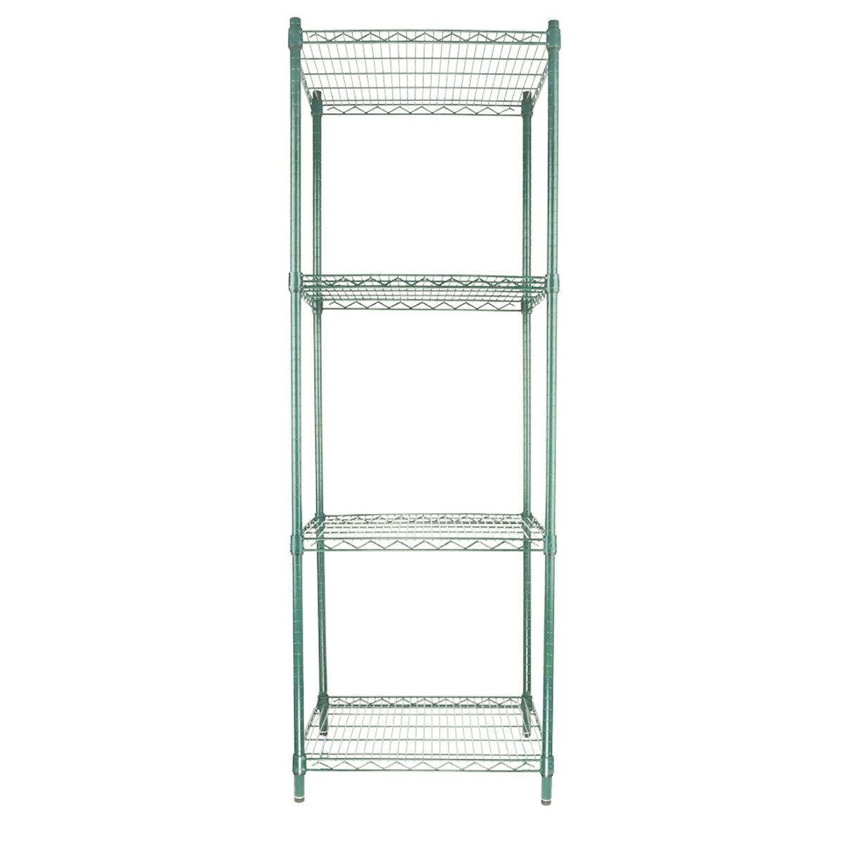 A tall, green epoxy-coated, four-tier metal wire shelving unit stands upright. Each NSF shelving unit features grid-like shelves supported by four vertical poles. The open design has no backing or sides, and the floor beneath is not visible.