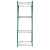 A tall, green epoxy-coated, four-tier metal wire shelving unit stands upright. Each NSF shelving unit features grid-like shelves supported by four vertical poles. The open design has no backing or sides, and the floor beneath is not visible.