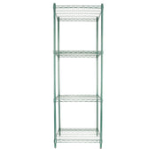 A tall, green epoxy-coated, four-tier metal wire shelving unit stands upright. Each NSF shelving unit features grid-like shelves supported by four vertical poles. The open design has no backing or sides, and the floor beneath is not visible.