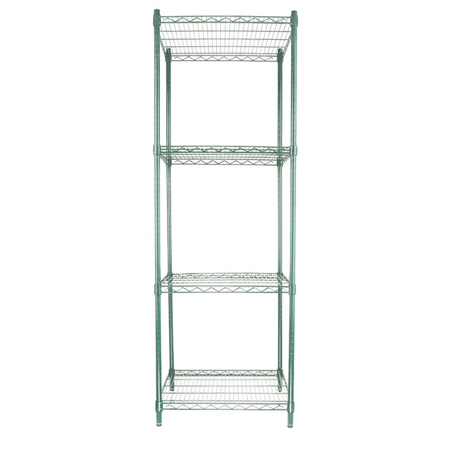 A tall, green epoxy-coated, four-tier metal wire shelving unit stands upright. Each NSF shelving unit features grid-like shelves supported by four vertical poles. The open design has no backing or sides, and the floor beneath is not visible.