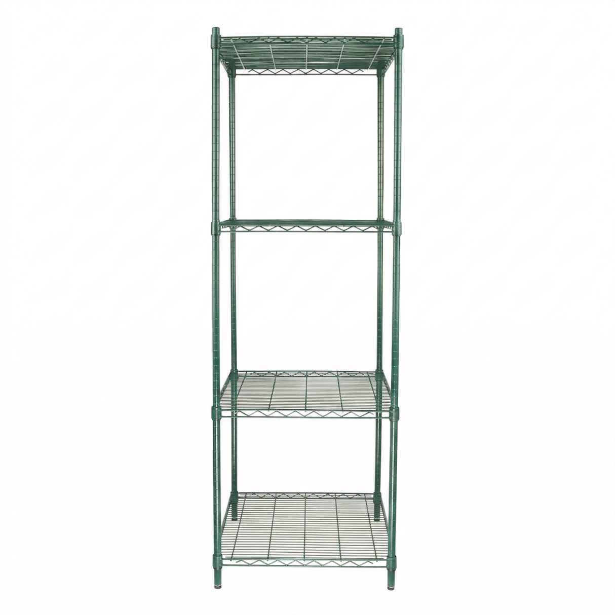 A tall, green epoxy-coated iron NSF shelving unit with four tiers, each shelf featuring a grid-like wire surface. The sturdy unit stands on four legs and is photographed against a plain white background, viewed straight-on.