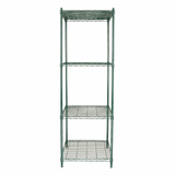 A tall, green epoxy-coated iron NSF shelving unit with four tiers, each shelf featuring a grid-like wire surface. The sturdy unit stands on four legs and is photographed against a plain white background, viewed straight-on.