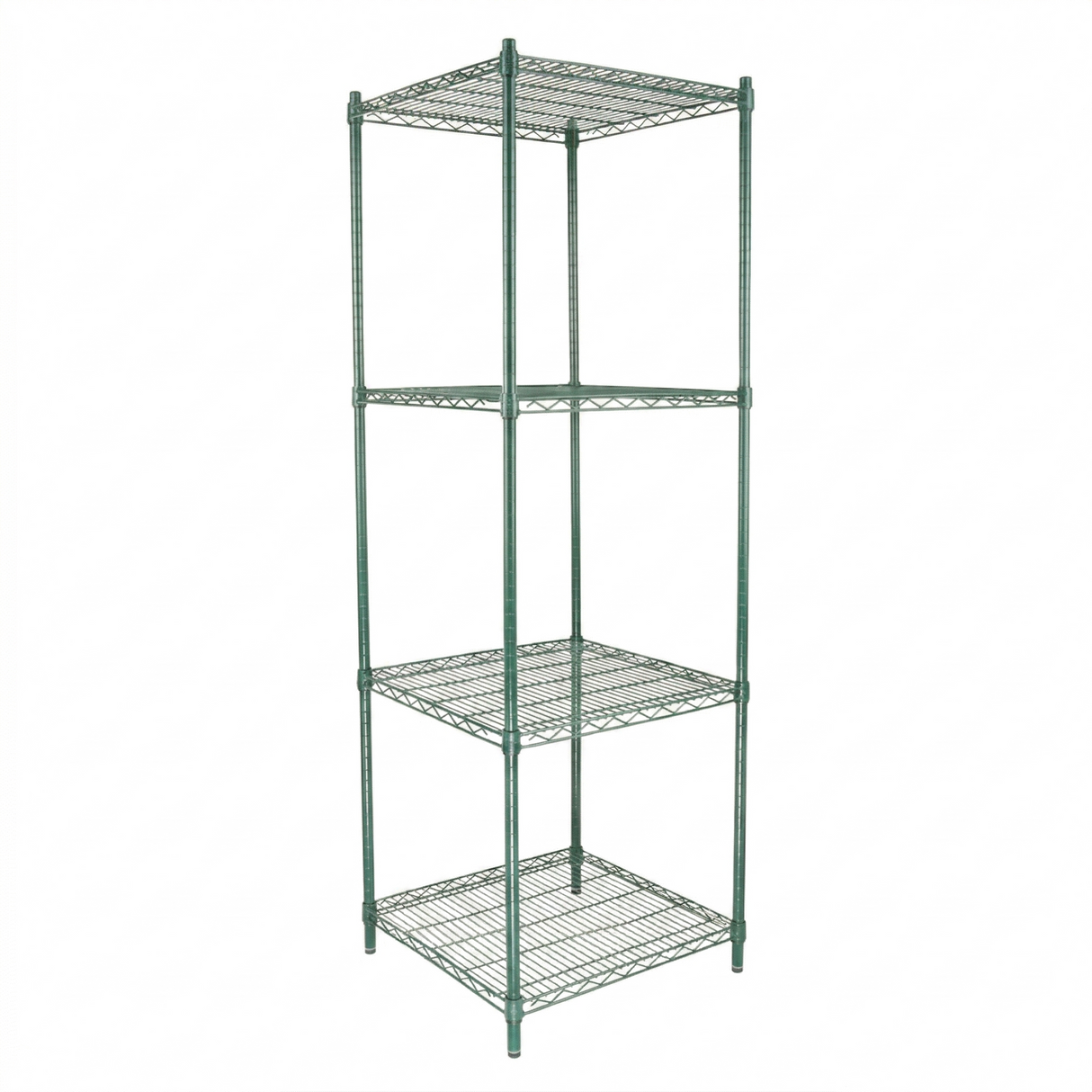A green epoxy-coated iron shelving unit with NSF certification, featuring four adjustable square shelves and sturdy support poles. Its open, industrial design makes this shelving unit perfect for storage or organization against a plain white background.