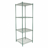 A green epoxy-coated iron shelving unit with NSF certification, featuring four adjustable square shelves and sturdy support poles. Its open, industrial design makes this shelving unit perfect for storage or organization against a plain white background.