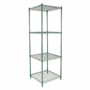 A green epoxy-coated iron shelving unit with NSF certification, featuring four adjustable square shelves and sturdy support poles. Its open, industrial design makes this shelving unit perfect for storage or organization against a plain white background.