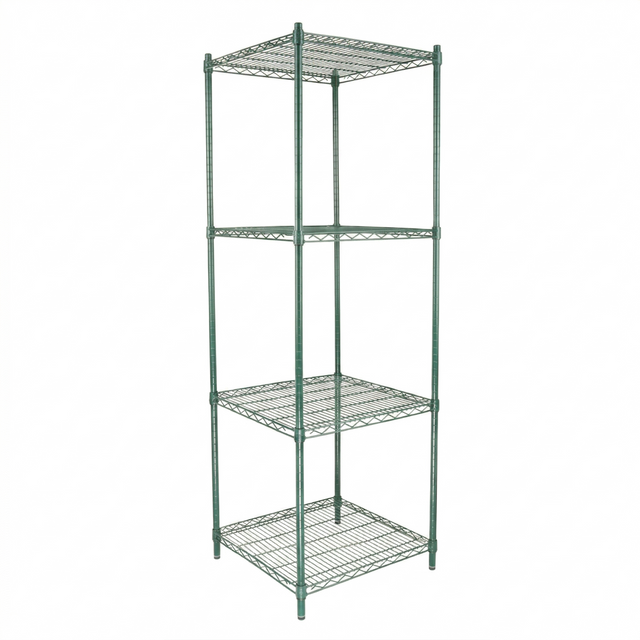 A green epoxy-coated iron shelving unit with NSF certification, featuring four adjustable square shelves and sturdy support poles. Its open, industrial design makes this shelving unit perfect for storage or organization against a plain white background.