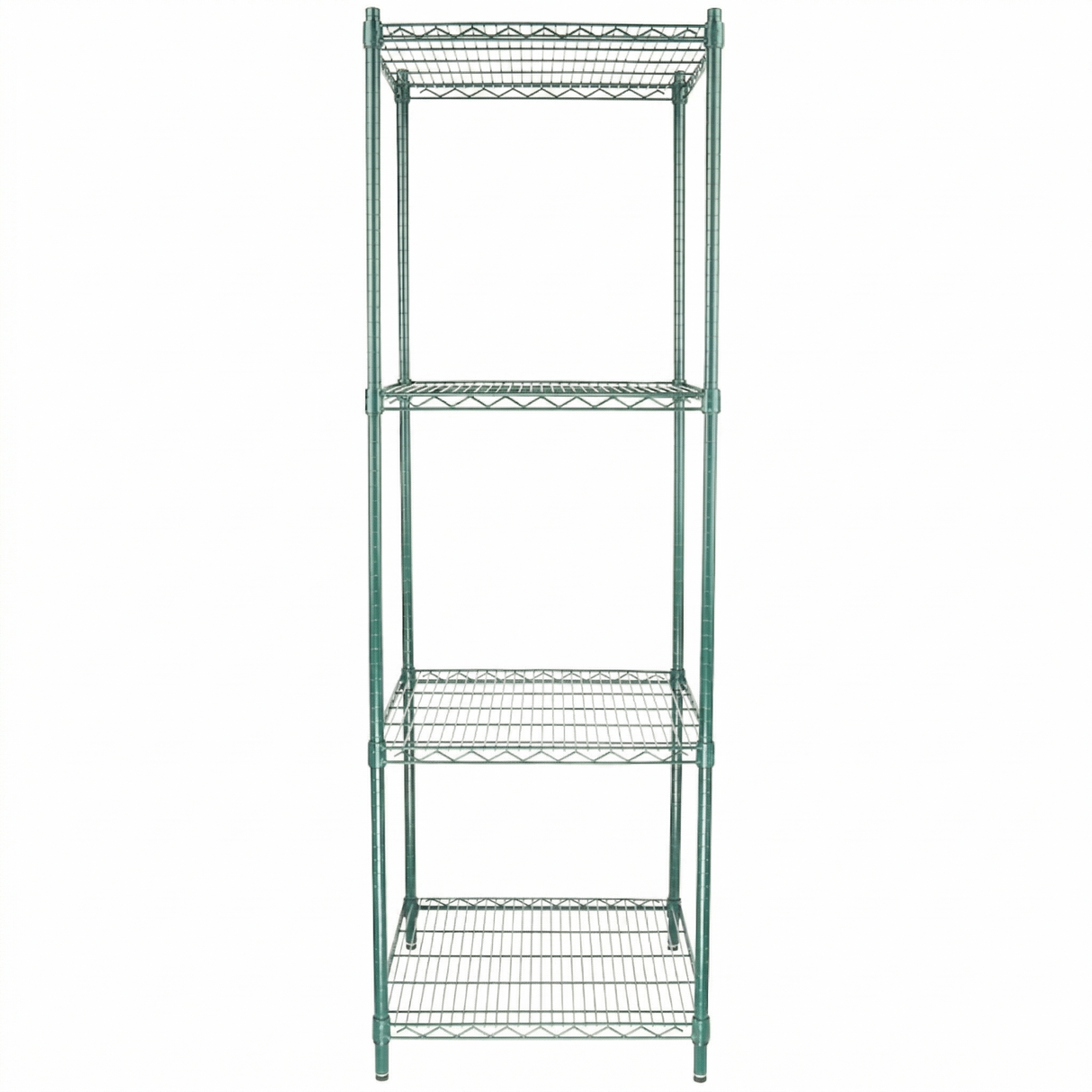 A tall, green epoxy-coated iron NSF shelving unit with four open shelves made of thin metal rods. The sturdy unit stands on four vertical legs, offering reliable storage against a plain white background.