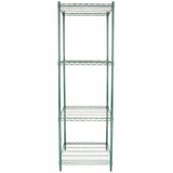 A tall, green epoxy-coated iron NSF shelving unit with four open shelves made of thin metal rods. The sturdy unit stands on four vertical legs, offering reliable storage against a plain white background.