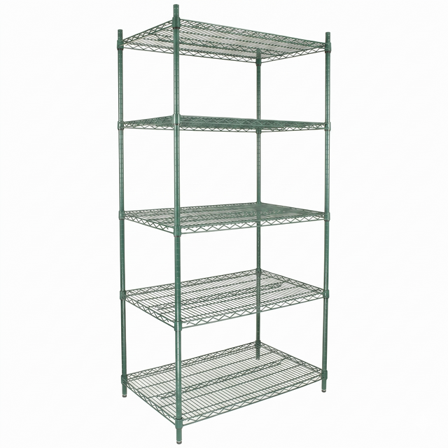 A green epoxy-coated iron shelving unit with five wire shelves and four vertical posts. NSF certified, the shelves are evenly spaced for airflow. The plain white background highlights the structure and design of this empty shelving unit.